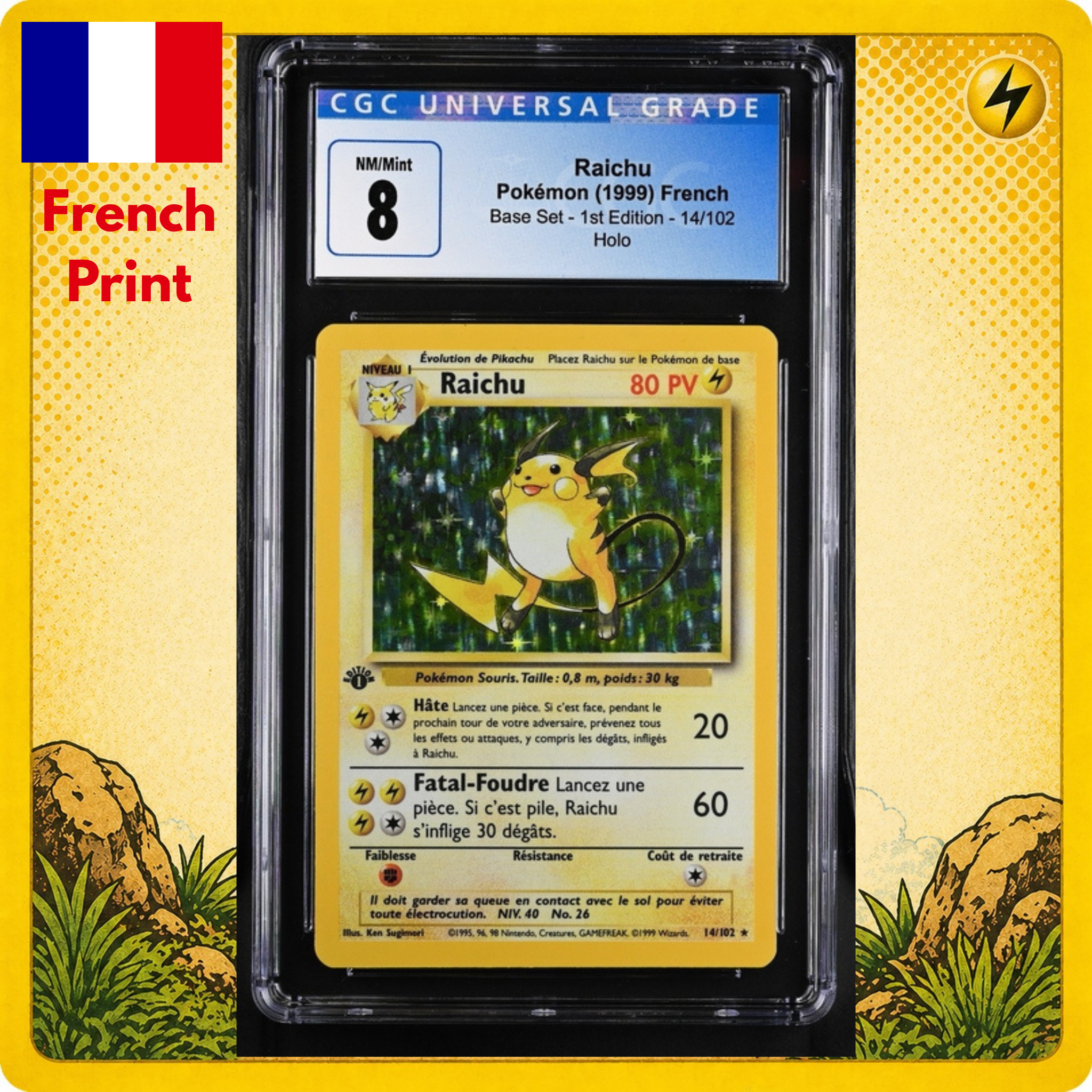 CGC NEAR MINT 8 | Raichu [1st Edition] #14 French Pokemon Base Set